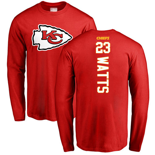 Men Kansas City Chiefs #23 Watts Armani Red Backer Long Sleeve T-Shirt